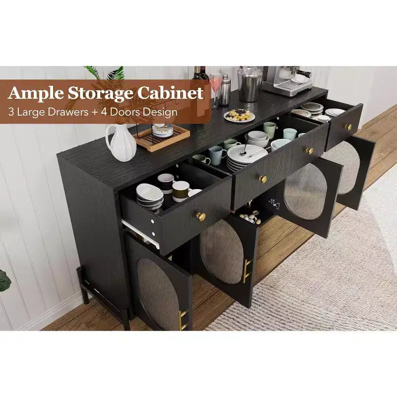 Buffet Cabinet with Storage, Wooden Buffet Cabinet with 3 Drawers & 4 Glass Doors, Coffee Bar Cabinet Buffet Table for Dinning Room, Kitchen