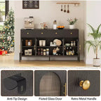 Buffet Cabinet with Storage, Wooden Buffet Cabinet with 3 Drawers & 4 Glass Doors, Coffee Bar Cabinet Buffet Table for Dinning Room, Kitchen