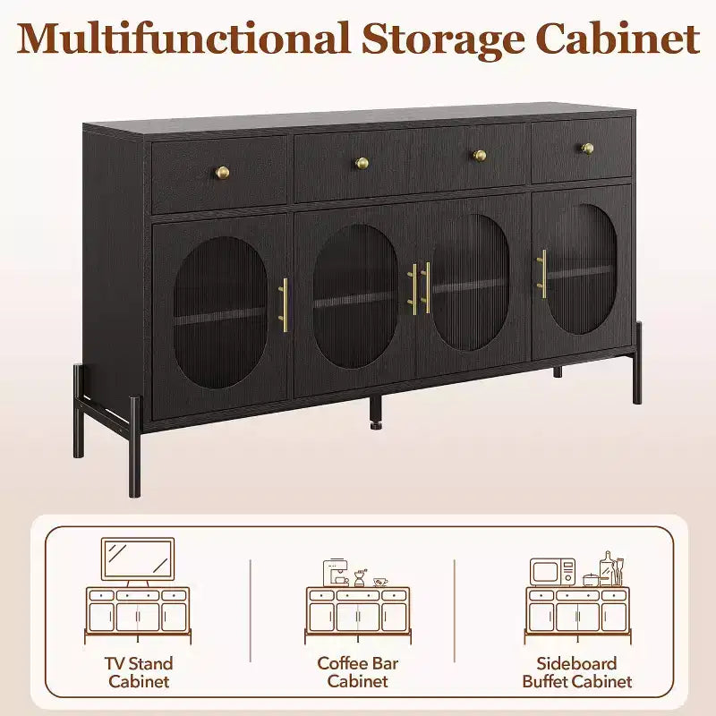 Buffet Cabinet with Storage, Wooden Buffet Cabinet with 3 Drawers & 4 Glass Doors, Coffee Bar Cabinet Buffet Table for Dinning Room, Kitchen