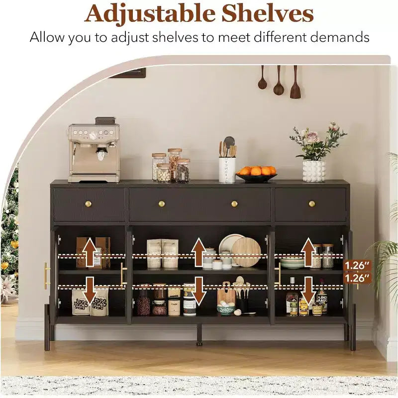 Buffet Cabinet with Storage, Wooden Buffet Cabinet with 3 Drawers & 4 Glass Doors, Coffee Bar Cabinet Buffet Table for Dinning Room, Kitchen