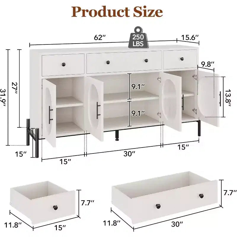 Buffet Cabinet with Storage, Wooden Buffet Cabinet with 3 Drawers & 4 Glass Doors, Coffee Bar Cabinet Buffet Table for Dinning Room, Kitchen