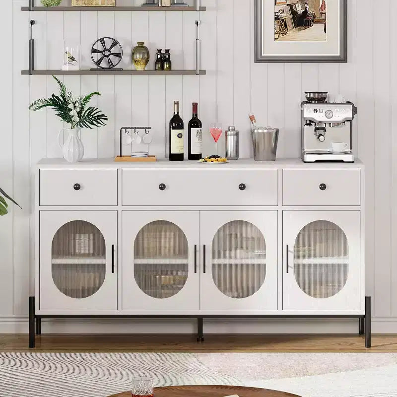 Buffet Cabinet with Storage, Wooden Buffet Cabinet with 3 Drawers & 4 Glass Doors, Coffee Bar Cabinet Buffet Table for Dinning Room, Kitchen