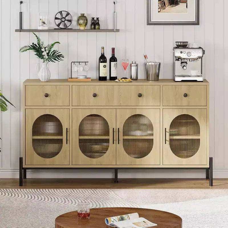 Buffet Cabinet with Storage, Wooden Buffet Cabinet with 3 Drawers & 4 Glass Doors, Coffee Bar Cabinet Buffet Table for Dinning Room, Kitchen