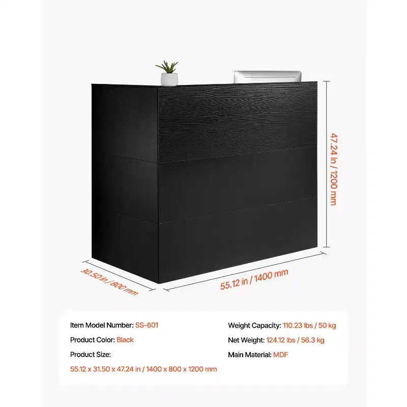 Scrivania da reception VEVOR, bancone anteriore a forma di L da 140 cm, bancone da reception per ufficio con cassetto, vassoio per tastiera e armadietto, nero