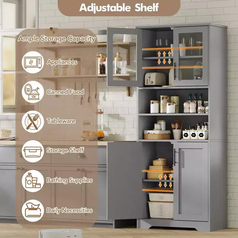 GustoWave Tall Bathroom Cabinet, Freestanding Bathroom Storage Cabinet with Glass Doors and Adjustable Shelves, 67 Cupboard Modern Storage Cabinet