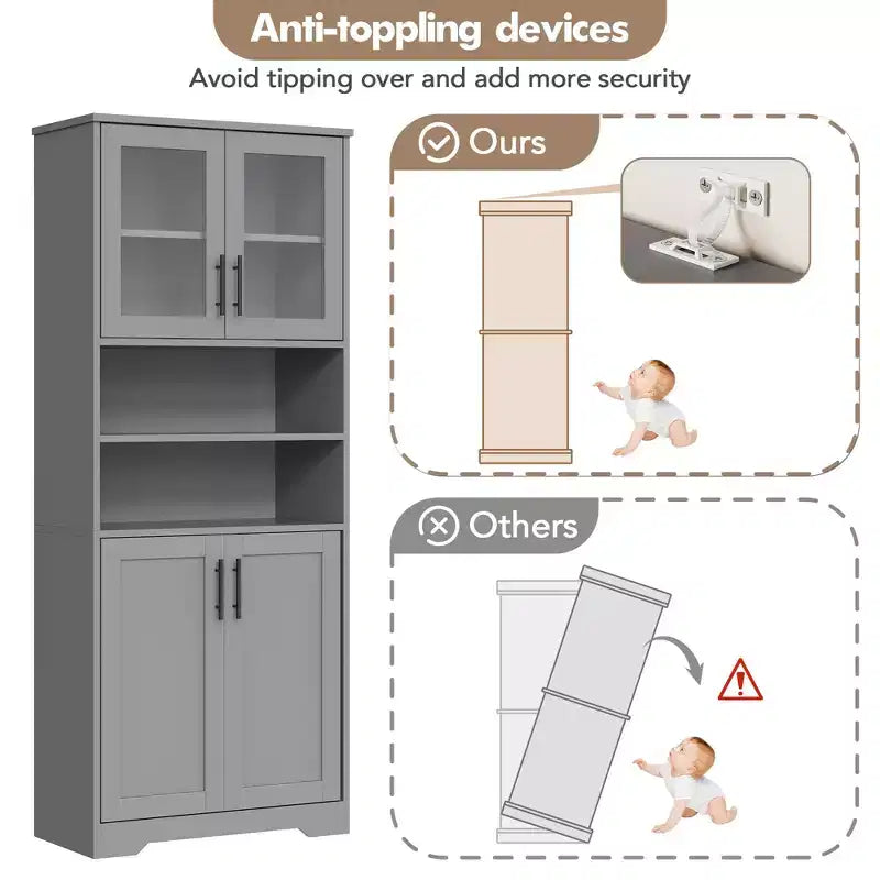 GustoWave Tall Bathroom Cabinet, Freestanding Bathroom Storage Cabinet with Glass Doors and Adjustable Shelves, 67 Cupboard Modern Storage Cabinet