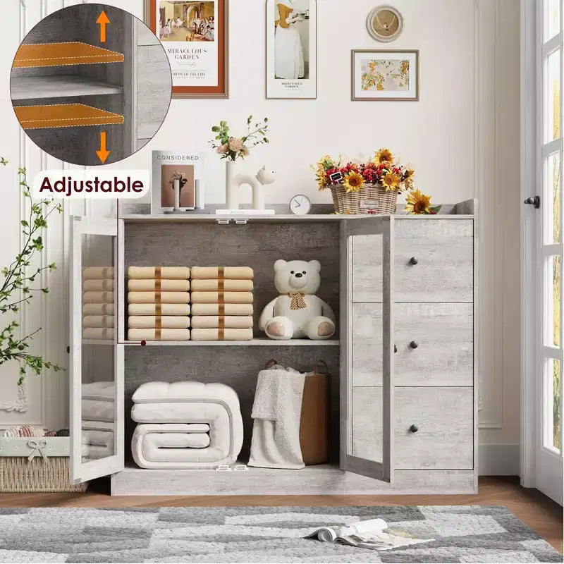 Gray 43 Buffet Sideboard Cabinet & Storage Dresser with Guardrail Design, Adjustable Shelves and 3 Drawers for Kitchen, Dining & Living Room