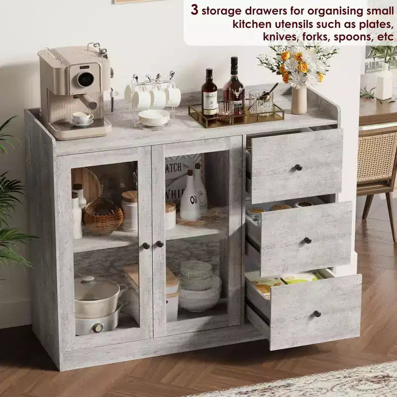 Gray 43 Buffet Sideboard Cabinet & Storage Dresser with Guardrail Design, Adjustable Shelves and 3 Drawers for Kitchen, Dining & Living Room