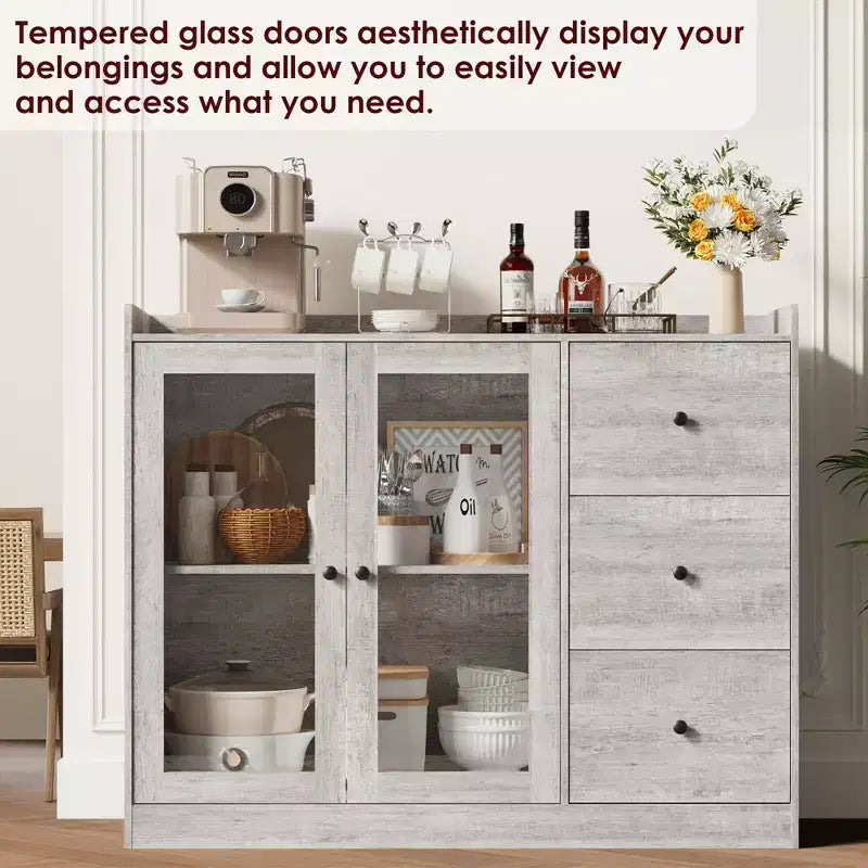 Gray 43 Buffet Sideboard Cabinet & Storage Dresser with Guardrail Design, Adjustable Shelves and 3 Drawers for Kitchen, Dining & Living Room