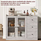 Gray 43 Buffet Sideboard Cabinet & Storage Dresser with Guardrail Design, Adjustable Shelves and 3 Drawers for Kitchen, Dining & Living Room