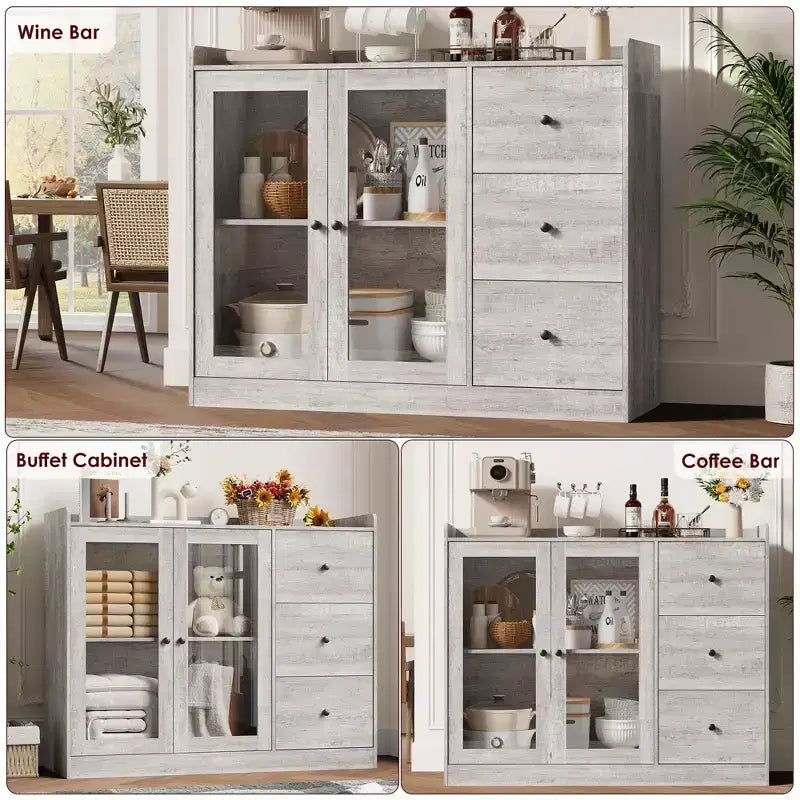 Gray 43 Buffet Sideboard Cabinet & Storage Dresser with Guardrail Design, Adjustable Shelves and 3 Drawers for Kitchen, Dining & Living Room
