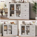 Gray 43 Buffet Sideboard Cabinet & Storage Dresser with Guardrail Design, Adjustable Shelves and 3 Drawers for Kitchen, Dining & Living Room