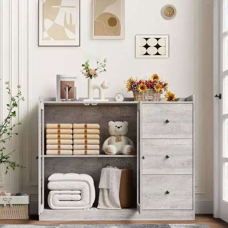 Gray 43 Buffet Sideboard Cabinet & Storage Dresser with Guardrail Design, Adjustable Shelves and 3 Drawers for Kitchen, Dining & Living Room