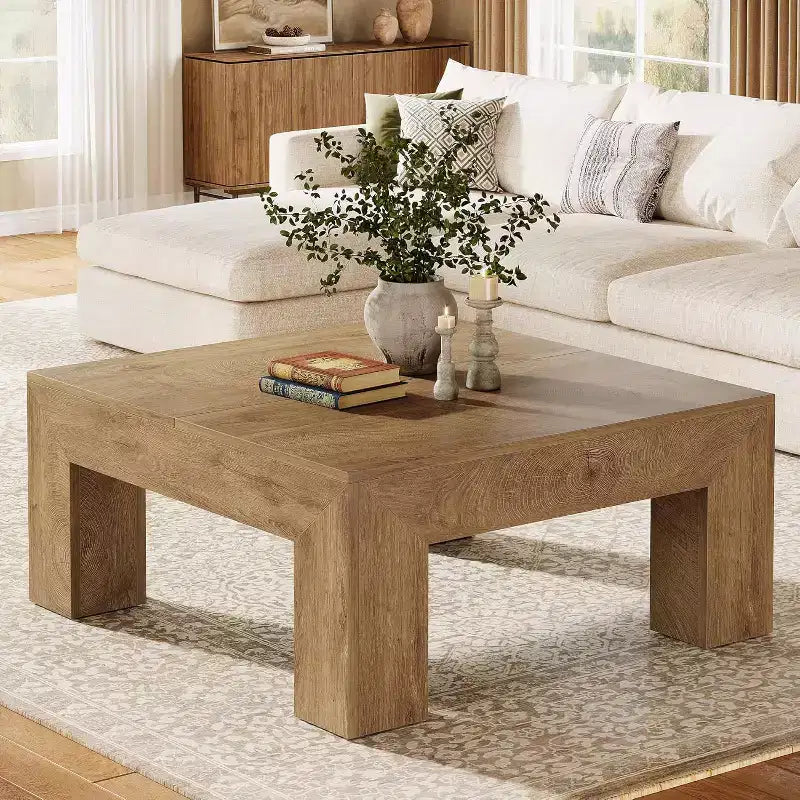 Lantine 39.4-Inch Square Coffee Table for Living Room, Farmhouse Accent Center Cocktail Table with Sturdy Wooden Legs, Easy Assembly