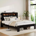 Full/Queen/King Size Bed Frame, Wood Platform with LED Light Headboard and 2 USB ,Noise Free,No Box Spring Needed,Large Under Bed Storage,Dark Black