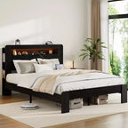 Full/Queen/King Size Bed Frame, Wood Platform with LED Light Headboard and 2 USB ,Noise Free,No Box Spring Needed,Large Under Bed Storage,Dark Black