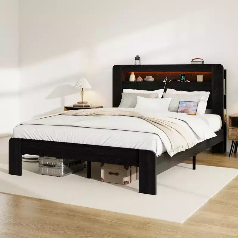 Full/Queen/King Size Bed Frame, Wood Platform with LED Light Headboard and 2 USB ,Noise Free,No Box Spring Needed,Large Under Bed Storage,Dark Black