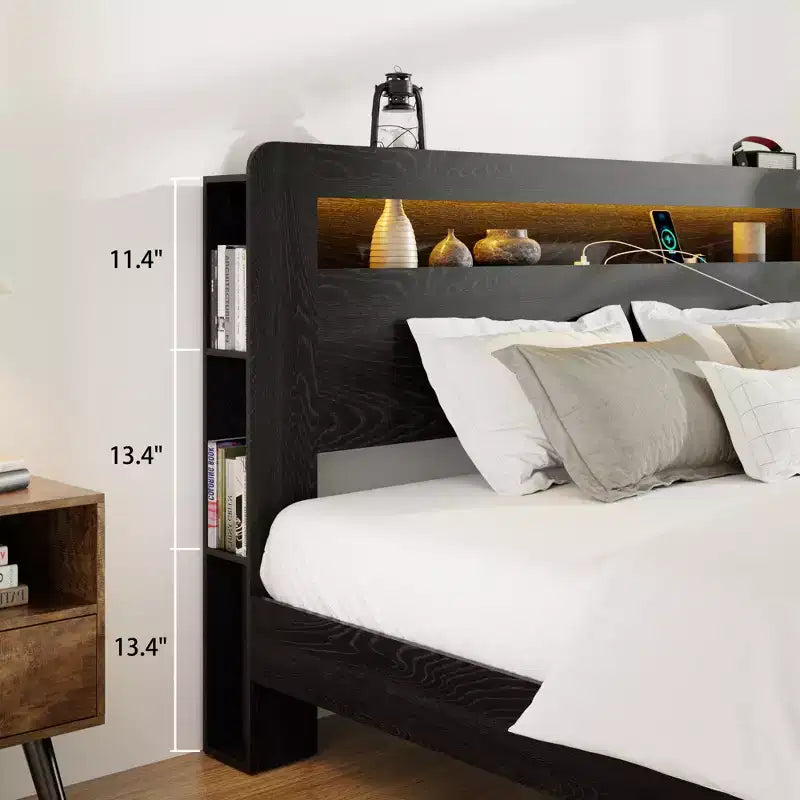 Full/Queen/King Size Bed Frame, Wood Platform with LED Light Headboard and 2 USB ,Noise Free,No Box Spring Needed,Large Under Bed Storage,Dark Black