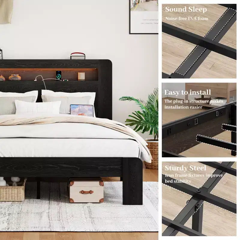 Full/Queen/King Size Bed Frame, Wood Platform with LED Light Headboard and 2 USB ,Noise Free,No Box Spring Needed,Large Under Bed Storage,Dark Black