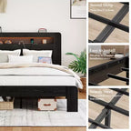 Full/Queen/King Size Bed Frame, Wood Platform with LED Light Headboard and 2 USB ,Noise Free,No Box Spring Needed,Large Under Bed Storage,Dark Black