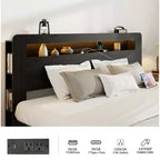Full/Queen/King Size Bed Frame, Wood Platform with LED Light Headboard and 2 USB ,Noise Free,No Box Spring Needed,Large Under Bed Storage,Dark Black