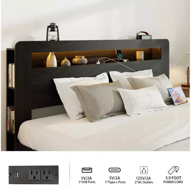 Full/Queen/King Size Bed Frame, Wood Platform with LED Light Headboard and 2 USB ,Noise Free,No Box Spring Needed,Large Under Bed Storage,Dark Black