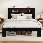 Full/Queen/King Size Bed Frame, Wood Platform with LED Light Headboard and 2 USB ,Noise Free,No Box Spring Needed,Large Under Bed Storage,Dark Black