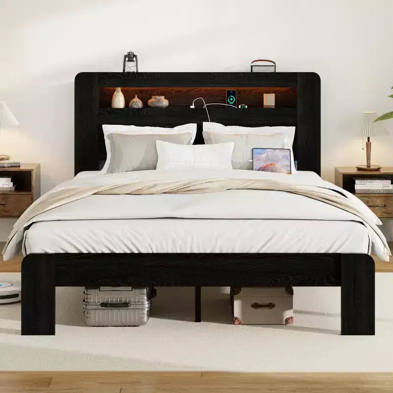 Full/Queen/King Size Bed Frame, Wood Platform with LED Light Headboard and 2 USB ,Noise Free,No Box Spring Needed,Large Under Bed Storage,Dark Black