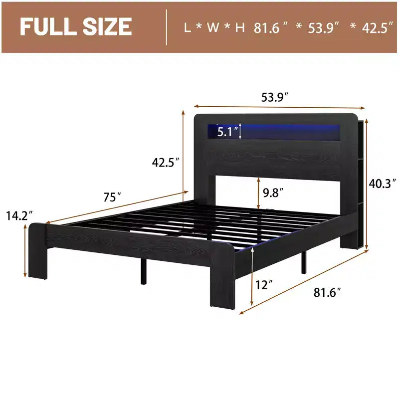 Full/Queen/King Size Bed Frame, Wood Platform with LED Light Headboard and 2 USB ,Noise Free,No Box Spring Needed,Large Under Bed Storage,Dark Black
