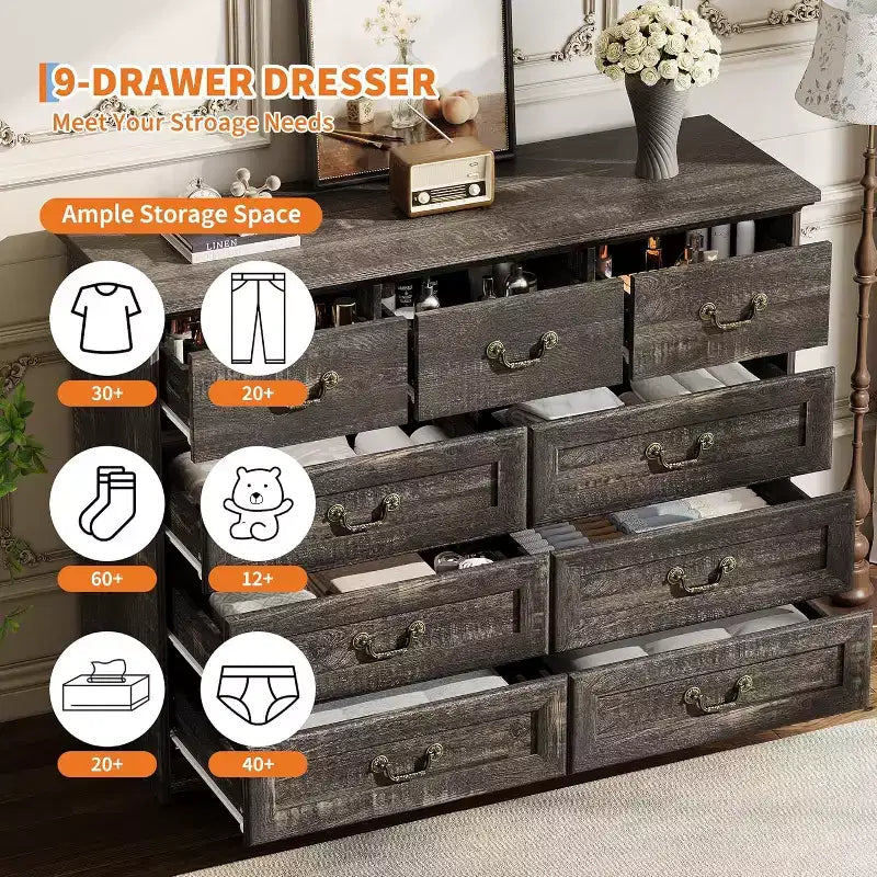 Farmhouse 9-Drawer Dresser for Bedroom- Vintage Rustic Wood Chest for Clothes & Essentials, Versatile Organizer for Bedroom, Living Room & Hallway