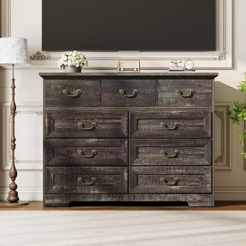 Farmhouse 9-Drawer Dresser for Bedroom- Vintage Rustic Wood Chest for Clothes & Essentials, Versatile Organizer for Bedroom, Living Room & Hallway