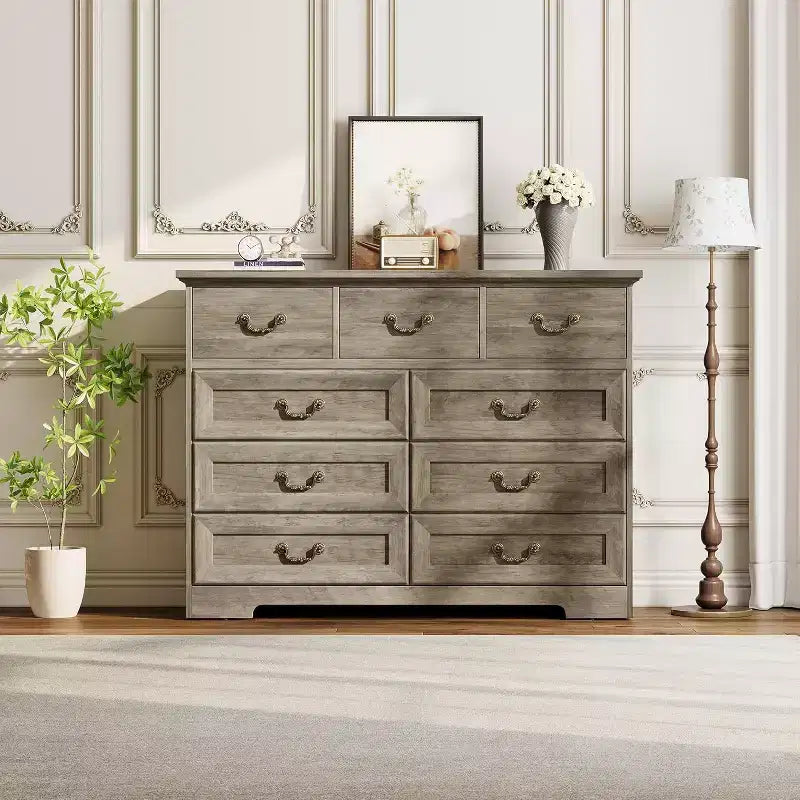 Farmhouse 9-Drawer Dresser for Bedroom- Vintage Rustic Wood Chest for Clothes & Essentials, Versatile Organizer for Bedroom, Living Room & Hallway