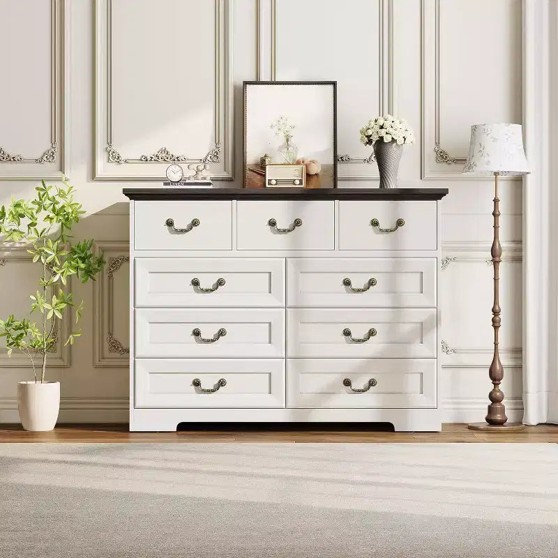 Farmhouse 9-Drawer Dresser for Bedroom- Vintage Rustic Wood Chest for Clothes & Essentials, Versatile Organizer for Bedroom, Living Room & Hallway