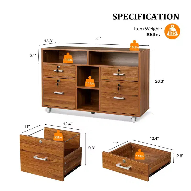 Karl Home 4-Drawer Brown MDF (Medium-Density Fiberboard) 40.94in. W Lateral File Cabinets