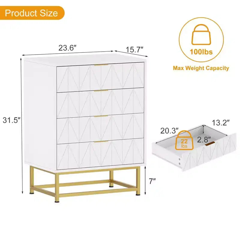 Coolmee 4 Drawer Dresser, Modern Dresser Drawers, Drawer Organizer with Metal Legs, Storage Chest Cabinet for Bedroom, Living Room, Hallway, Closet