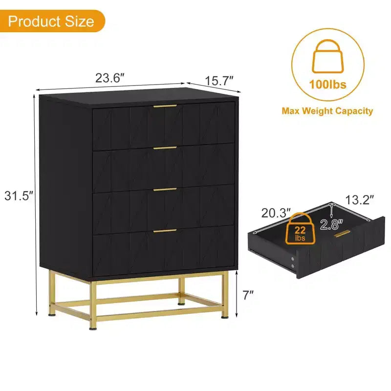 Coolmee 4 Drawer Dresser, Modern Dresser Drawers, Drawer Organizer with Metal Legs, Storage Chest Cabinet for Bedroom, Living Room, Hallway, Closet