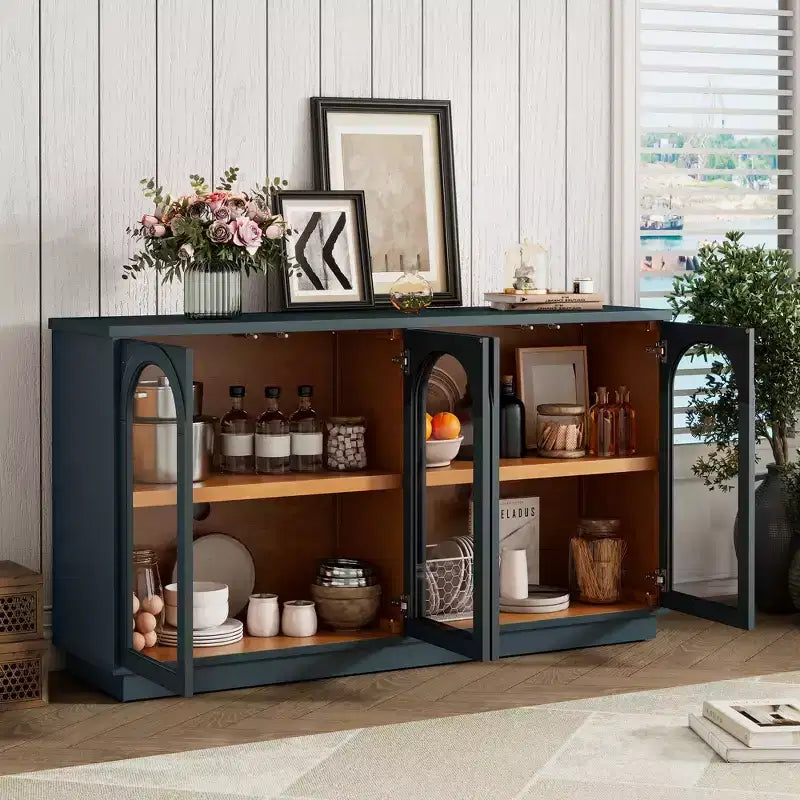Madia Contry Style Okak con 4 Ante in Vetro ad Arco e Ripiani Regolabili, Credenza in Legno per Cucina
