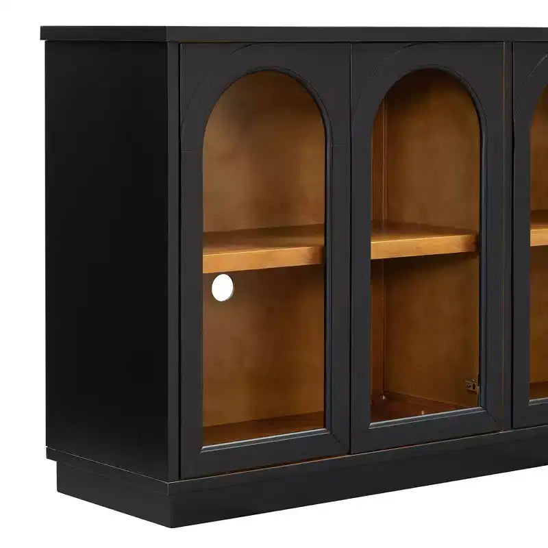 Okak Country Style Sideboard Storage Cabinet with 4 Arched Glass Doors and Adjustable Shelves, Wooden Buffet Cabinet for Kitchen