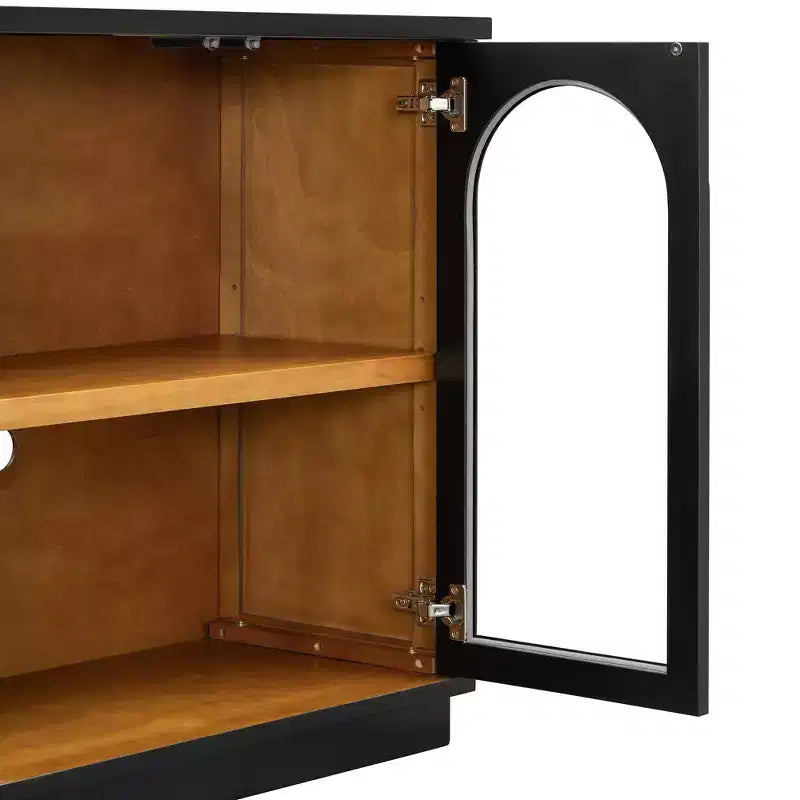 Okak Country Style Sideboard Storage Cabinet with 4 Arched Glass Doors and Adjustable Shelves, Wooden Buffet Cabinet for Kitchen
