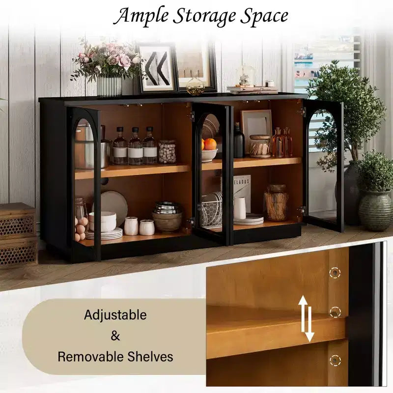 Okak Country Style Sideboard Storage Cabinet with 4 Arched Glass Doors and Adjustable Shelves, Wooden Buffet Cabinet for Kitchen