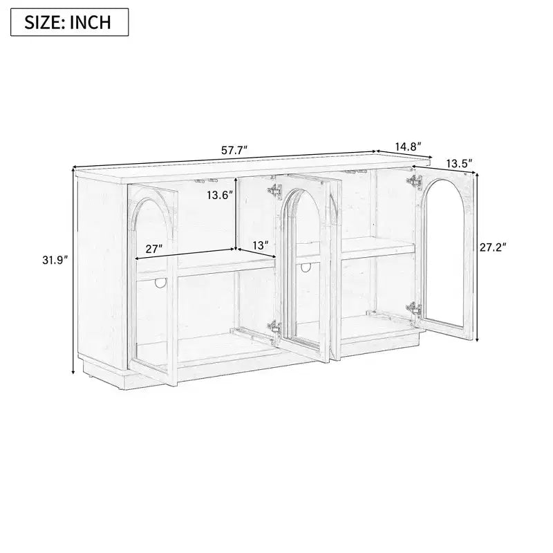 Madia Contry Style Okak con 4 Ante in Vetro ad Arco e Ripiani Regolabili, Credenza in Legno per Cucina