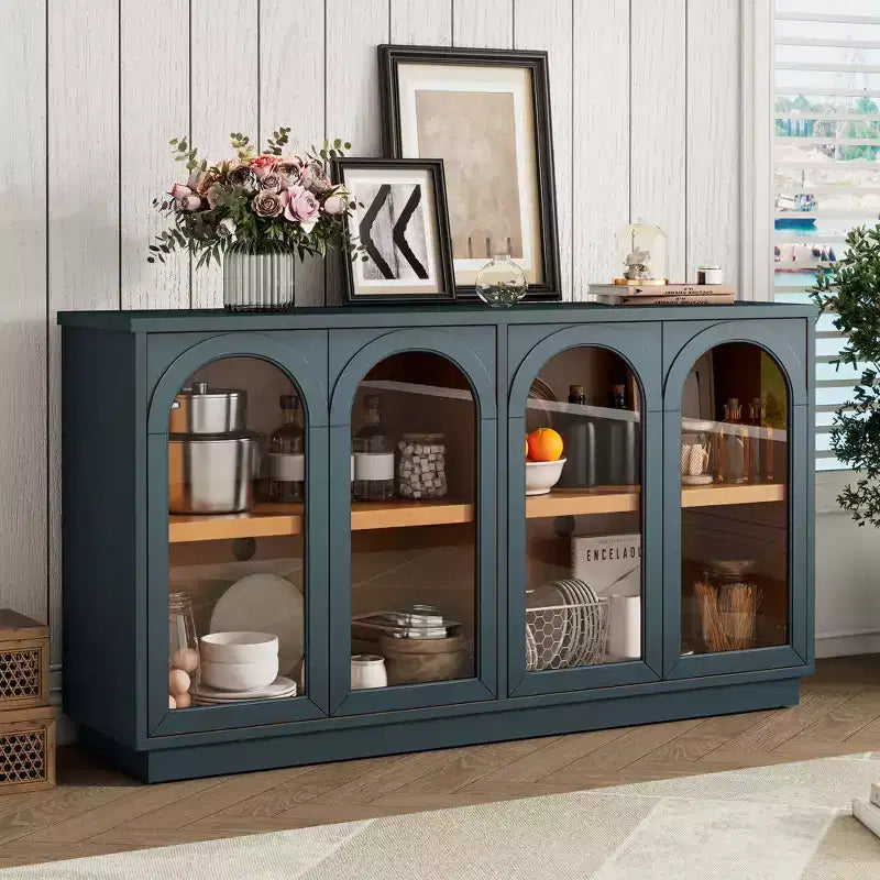 Okak Country Style Sideboard Storage Cabinet with 4 Arched Glass Doors and Adjustable Shelves, Wooden Buffet Cabinet for Kitchen