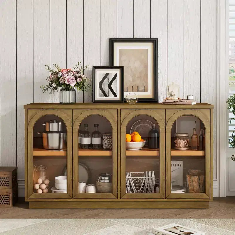 Okak Country Style Sideboard Storage Cabinet with 4 Arched Glass Doors and Adjustable Shelves, Wooden Buffet Cabinet for Kitchen