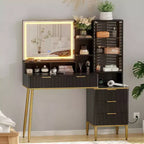GustoWave Vanity Desk with Mirror and Lights, Makeup Vanity Desk with 5 Drawers & Shelves,3 Color Adjustable Lighting, Power Outlet, Dressing Table