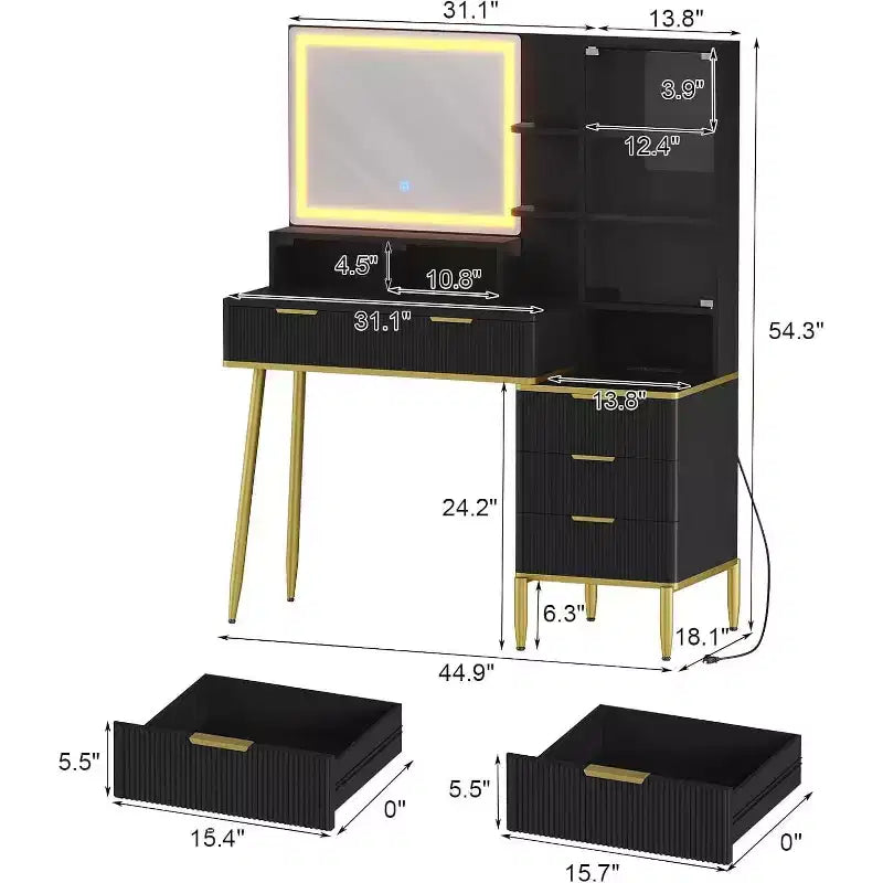 GustoWave Vanity Desk with Mirror and Lights, Makeup Vanity Desk with 5 Drawers & Shelves,3 Color Adjustable Lighting, Power Outlet, Dressing Table