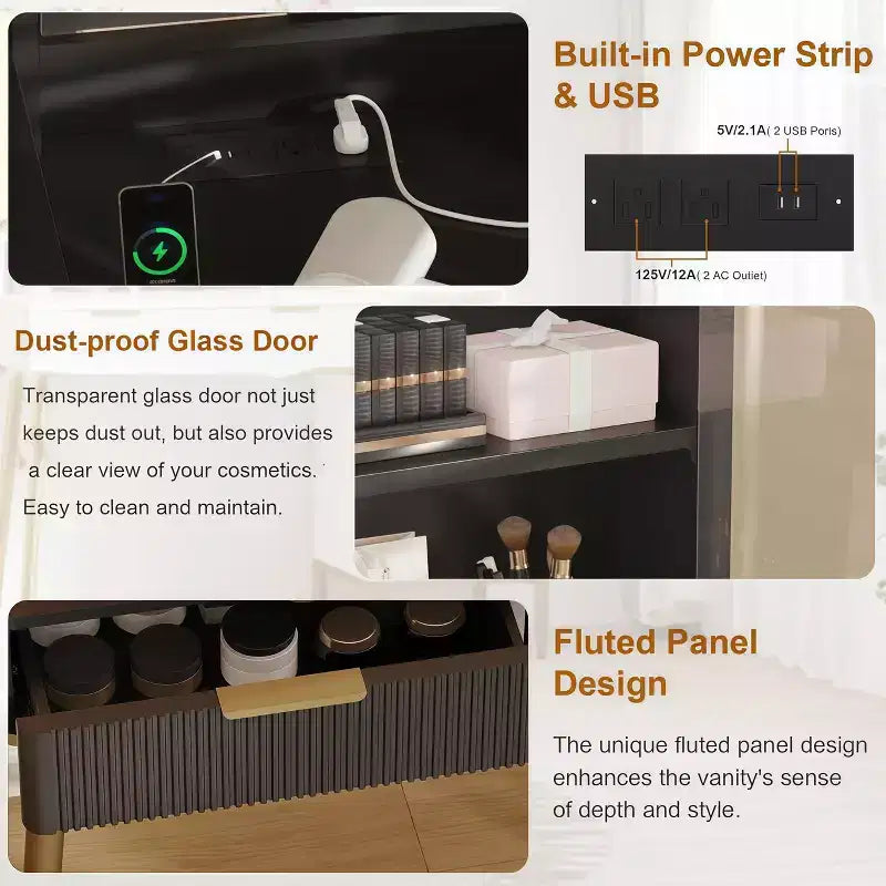 GustoWave Vanity Desk with Mirror and Lights, Makeup Vanity Desk with 5 Drawers & Shelves,3 Color Adjustable Lighting, Power Outlet, Dressing Table
