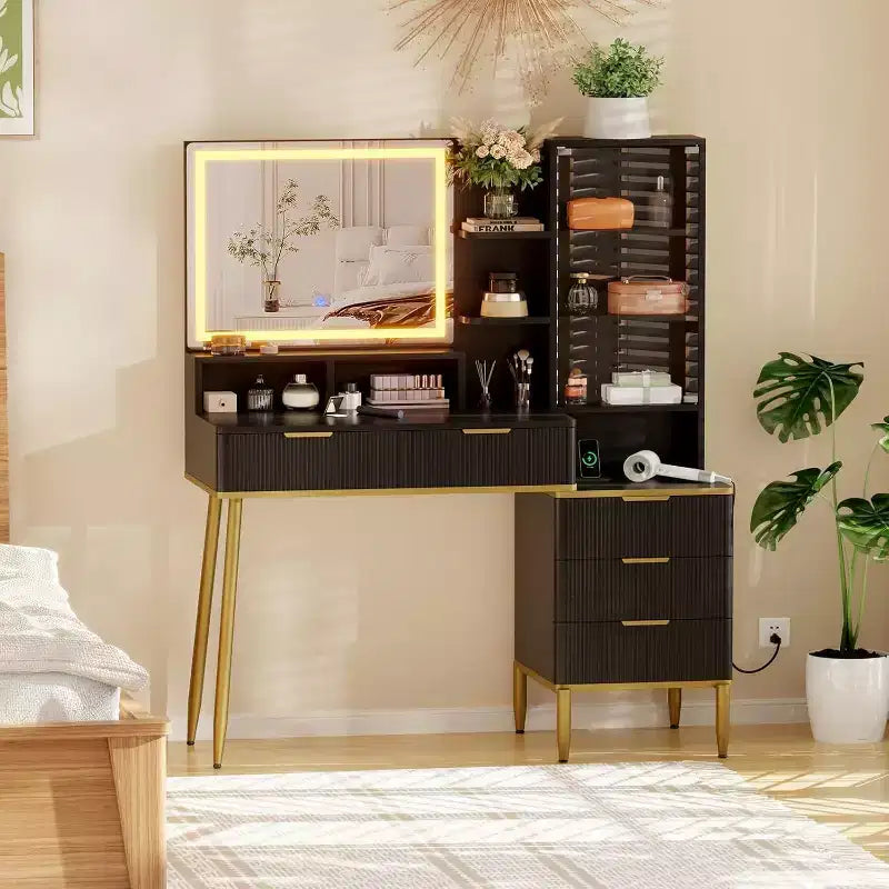 GustoWave Vanity Desk with Mirror and Lights, Makeup Vanity Desk with 5 Drawers & Shelves,3 Color Adjustable Lighting, Power Outlet, Dressing Table