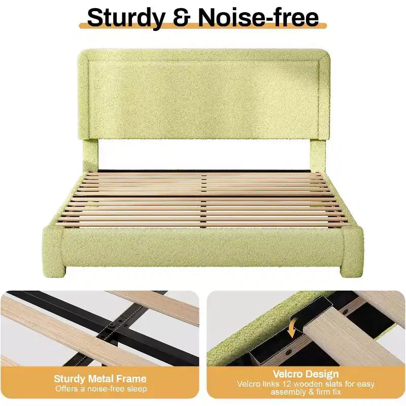 Dyonery Boucle Bed Frame,Black Upholstered Teddy Fabric Bed Frame with Headboard,No Box Spring Required, Adjustable Headboard, Easy Assembly