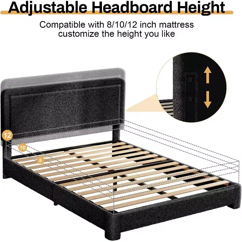 Dyonery Boucle Bed Frame,Black Upholstered Teddy Fabric Bed Frame with Headboard,No Box Spring Required, Adjustable Headboard, Easy Assembly