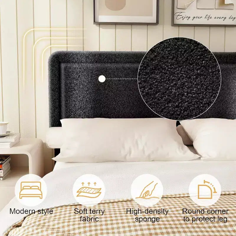 Dyonery Boucle Bed Frame,Black Upholstered Teddy Fabric Bed Frame with Headboard,No Box Spring Required, Adjustable Headboard, Easy Assembly